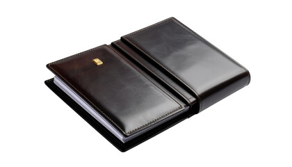Black leather notebook on black surface isolated on transparent background