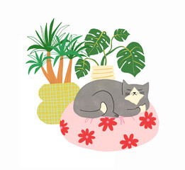 Illustration with cute cat is resting on a pillow