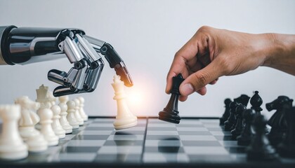 A chess game between a human hand and a robot arm, representing strategy and competition