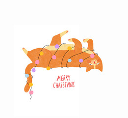Christmas greeting card with cat wrapped in garland