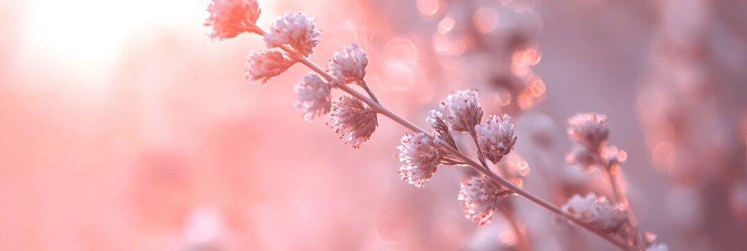 Pale pink blooming branches with soft wildflowers glowing in serene sunrise elegance and beauty. - Powered by Adobe