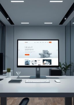 Modern computer display on an office desk with a web design studio concept page web design company presentation Empty room interior design architecture blank design room
