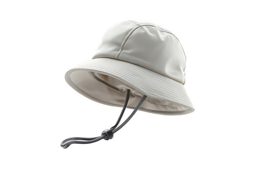 Off-white, bucket-style rain hat with adjustable ties