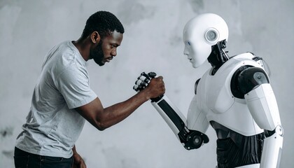 A Man Engaging in an Arm Wrestling Match with a Robot
