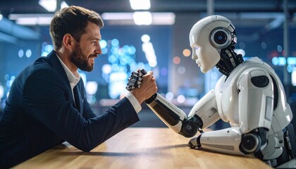 A man and a robot engaged in arm wrestling, symbolizing the competition between human and machine intelligence