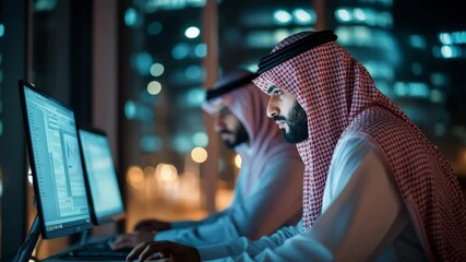 Two arab software engineers working together on a computer in a dark office at night - Powered by Adobe