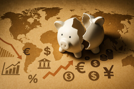 Economic fragility: A broken piggy bank sits atop a world map overlaid with financial icons, symbolizing economic fragility and global financial uncertainty. - Powered by Adobe
