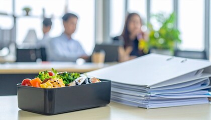 A delicious and nutritious lunch box rests on a desk in a modern office setting, alongside office supplies and busy colleagues in the background.