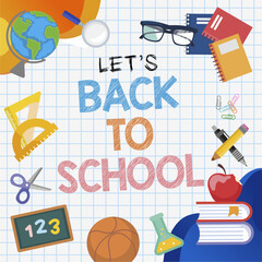 Back to School text style with colorful stationery themed background. Best for Back to School and educational poster, greeting, welcoming, graphic, background, information, social media feed. 