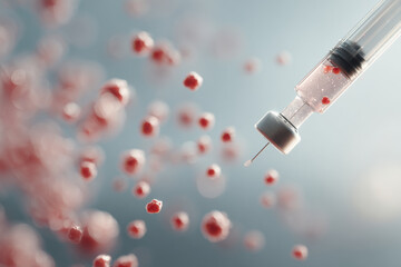 closeup of syringe filled with vaccine surrounded by glowing immune cells in action