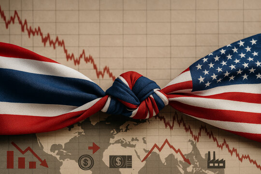 Globalization Knot: Two national flags tied in a knot, symbolizing the interwoven relationships in a changing world, against a backdrop of a global map and financial charts.