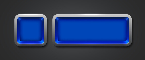 Metallic rectangle button set. Metal design for empty emblem. Glossy metallic frame. 3D realistic vector shiny button