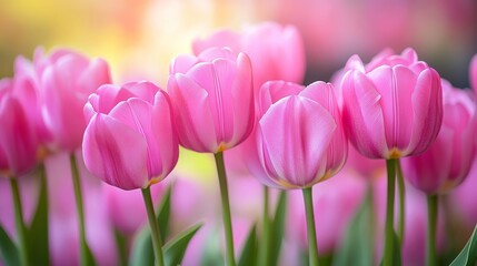 Fototapeta premium Stunning Pink Tulips in a Vibrant Spring Garden, Bathed in Soft Daylight, Nature s Floral Delight