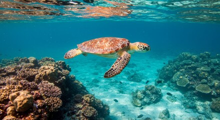 Fototapeta premium Majestic Sea Turtle Gracefully Swimming in Vibrant Coral Reef
