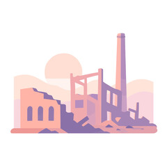 Abandoned Factory Ruins At Sunset