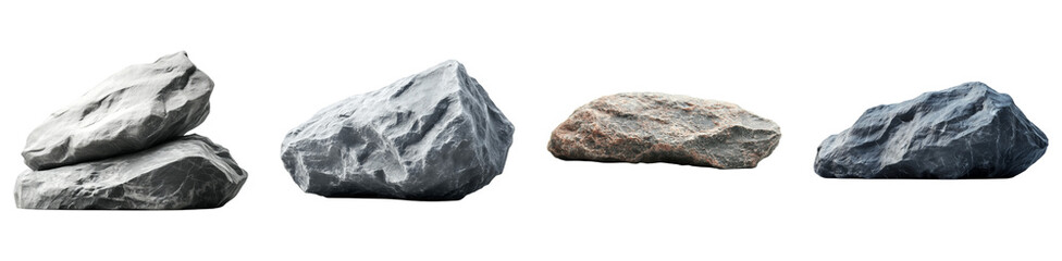 A group of Realistic Gray Rock Stones Isolated on Black