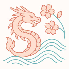 Chinese Dragon With Cherry Blossoms And Water Waves