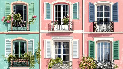 Colorful Mediterranean facade with flowers and balconies