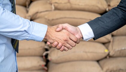 Obraz premium Two businessmen shaking hands, sealing a deal with burlap sacks in the background. The handshake symbolizes partnership and collaboration