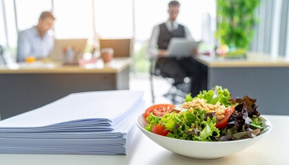 A healthy salad lunch on the office table with focused colleagues in the background. The image captures a moment of work-life balance