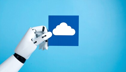 A robotic hand holding a cloud symbol against a vibrant blue backdrop, symbolizing technology, cloud computing, and innovation.