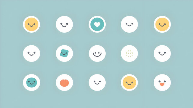 Collection of cute cartoon faces in circles on pastel background. Possible use social media graphics