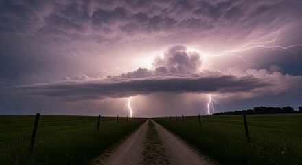 Dramatic Lightning Strikes Over Rural Road and Storm Clouds at Dusk