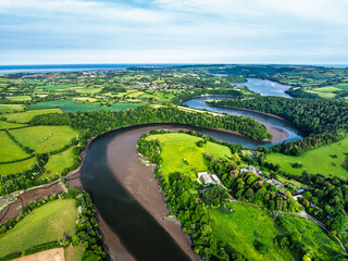 Farms and Fields over River Dart from a drone, Stoke Gabriel, Totnes, Devon, England