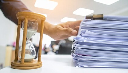A wooden hourglass and paper files on a desk symbolizing time management.  A hand is nearby, potentially managing them 