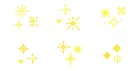 8 bit pixel sparkle icons in retro style stars and crystals for games UI retro designs or web Minimalist 90s Y2K pixel star collection.Firework burst, space decoration. 