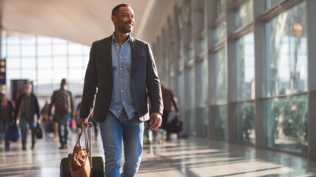 The man walking confidently through the airport terminal with a suitcase.
