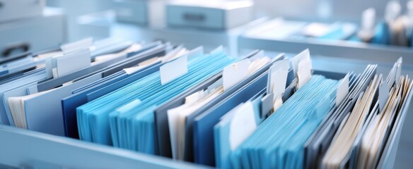 The organized collection of blue files in a modern office setting.