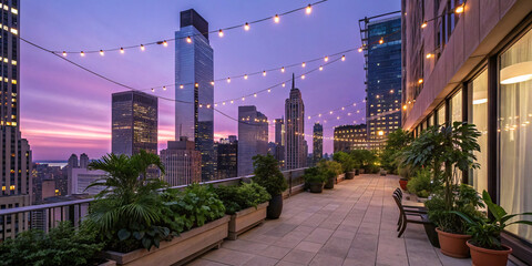 Urban rooftop garden with Manhattan skyline, potted plants, string lights, and modern outdoor furniture during twilight hour