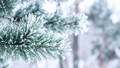 A close-up of frosted pine needles with a blurry, wintry background, capturing the essence of winter's touch