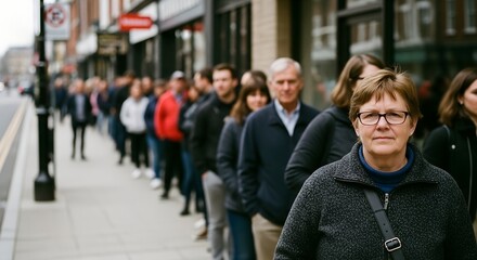 Woman standing in line with crowd outside store on city street  