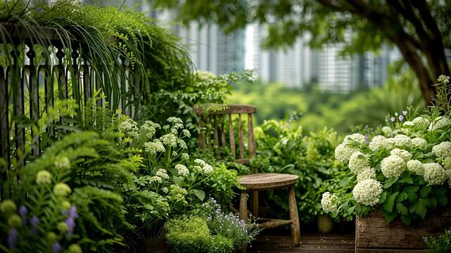 Urban Oasis: Lush Greenery and Rustic Wooden Accents in a Peaceful City Garden Retreat