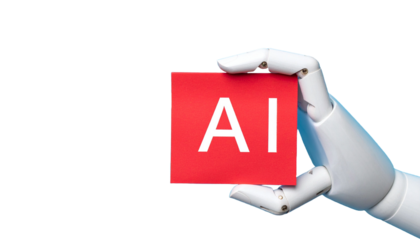 A robotic hand holds up a sign with "AI" written on it, symbolizing artificial intelligence and technological advancement