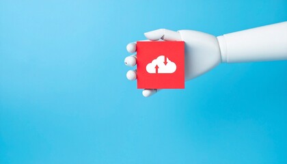 A robotic hand holding a red cloud storage icon on a blue background, symbolizing cloud computing