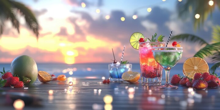 A vibrant tropical sunset scene with colorful cocktails, fresh fruits, and glowing string lights on a wooden table by the beach.