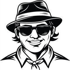man is smiling, wearing black glasses and a hat, depicted in black and white