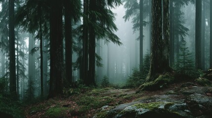 Obraz premium Forest Misty, dense evergreen forest, mossy ground cover