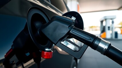 A close-up shot captures a car's gas tank being filled with fuel, emphasizing the pump nozzle inserting petrol with sleek lines and modern design, hinting at the journey ahead.