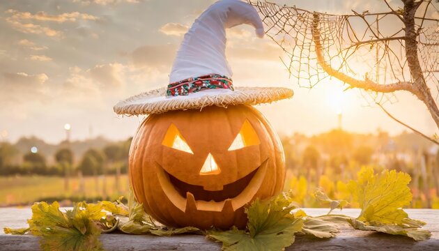 Carved halloween pumpkin wearing a whimsical witch hat. displayed outdoors on a wooden bench surrounded by scattered autumn leaves. a spider web on tree branches in the background at sunset.