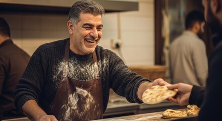 Happy mature male baker serving fresh bread in cozy bakery kitchen