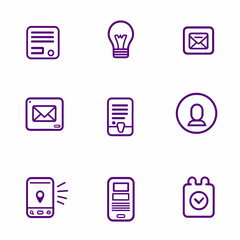 Outline icons for web applications, depicting various functions like documents, emails, user profiles, and notifications. Suitable for UI kits, app design, or web development