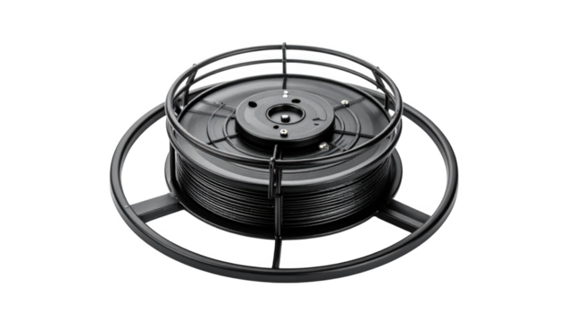Black wire reel close up isolated on transparent background