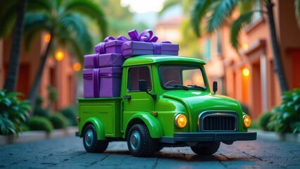 Obraz premium Green vintage truck carrying large purple gifts; whimsical, festive, delivery concept.