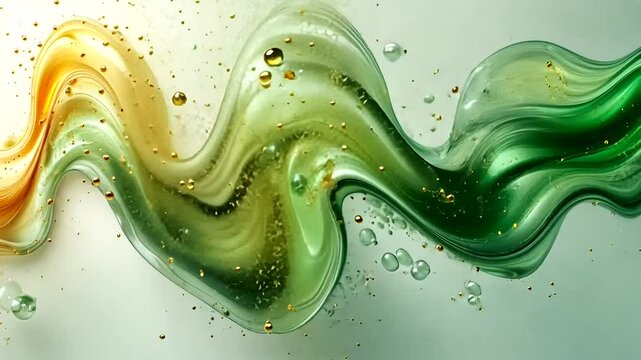 Dynamic wave of green and gold liquid with small bubbles for background usage