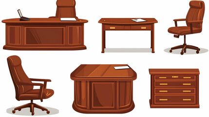 Office Furniture Collection, Various Wood Desks and Chairs, Digital Illustration, For Presentations, or Commercial Use