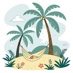 Tropical Island with Hammock & Palm Tree – Paradise Beach Scene, Relaxing Vacation Art, Serene Getaway Illustration, Lush Ocean View, Dreamy Summer Escape Design